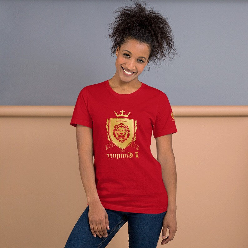 Empower Mirror Tee: 'I Conquer' Reflective Gym Shirt ( It's supposed to be backwards!)