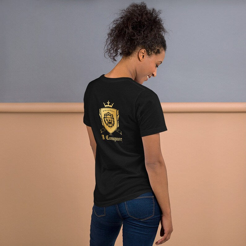 Empower Mirror Tee: 'I Conquer' Reflective Gym Shirt ( It's supposed to be backwards!)