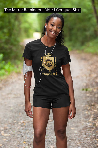 Empower Mirror Tee: 'I Conquer' Reflective Gym Shirt