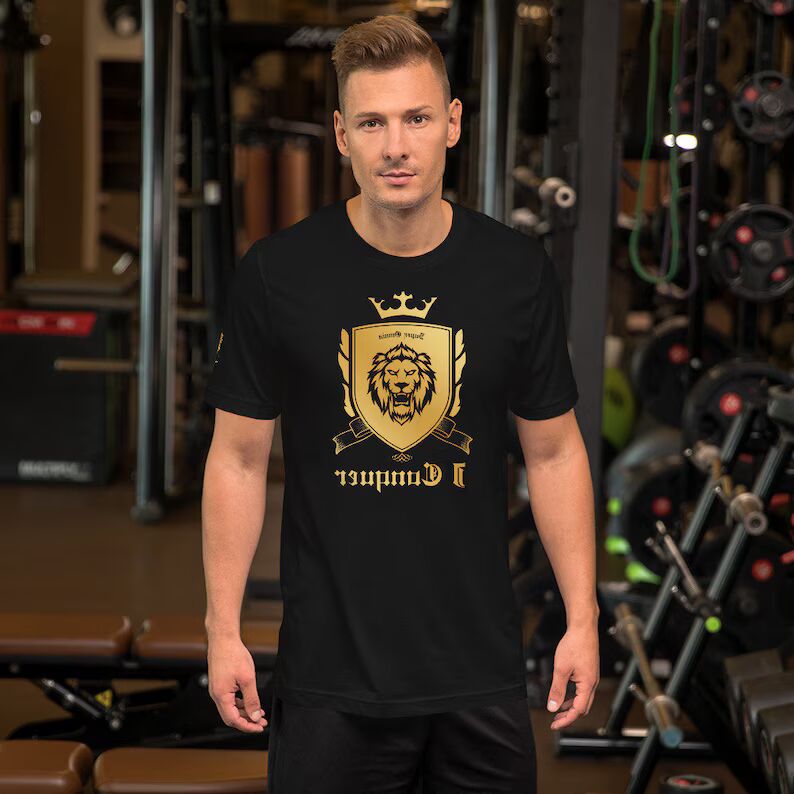 Empower Mirror Tee: 'I Conquer' Reflective Gym Shirt for Men (The logo is supposed to be backward!)