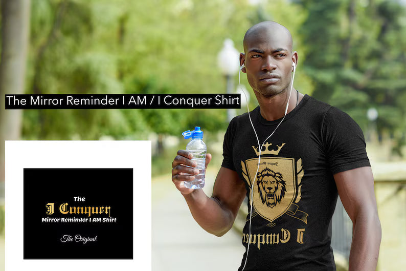 Empower Mirror Tee: 'I Conquer' Reflective Gym Shirt for Men (The logo is supposed to be backward!)