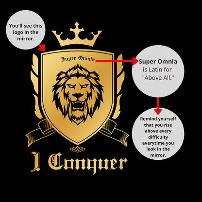Empower Mirror Tee: 'I Conquer' Reflective Gym Shirt for Men (The logo is supposed to be backward!)
