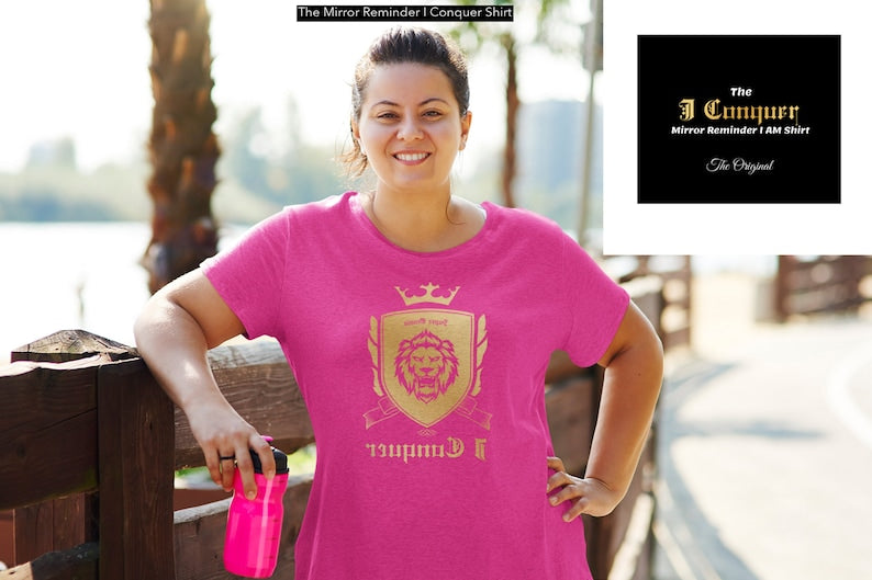 Empower Mirror Tee: 'I Conquer' Reflective Gym Shirt