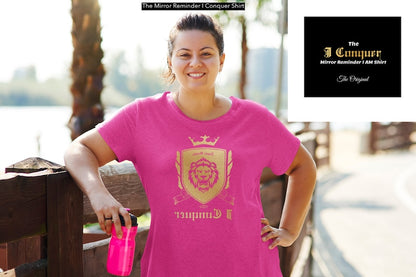 Empower Mirror Tee: 'I Conquer' Reflective Gym Shirt