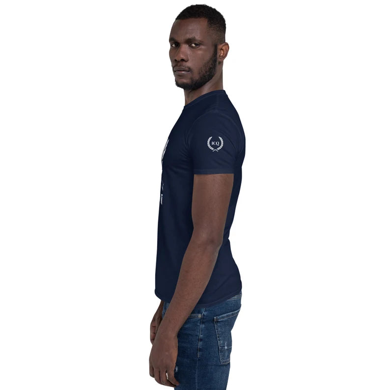 Empower Mirror Tee: 'I Conquer' Reflective Gym Shirt for Men ( White logo - The logo is supposed to be backward!)