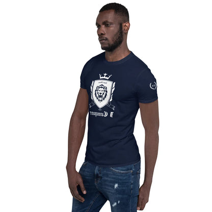 Empower Mirror Tee: 'I Conquer' Reflective Gym Shirt for Men ( White logo - The logo is supposed to be backward!)