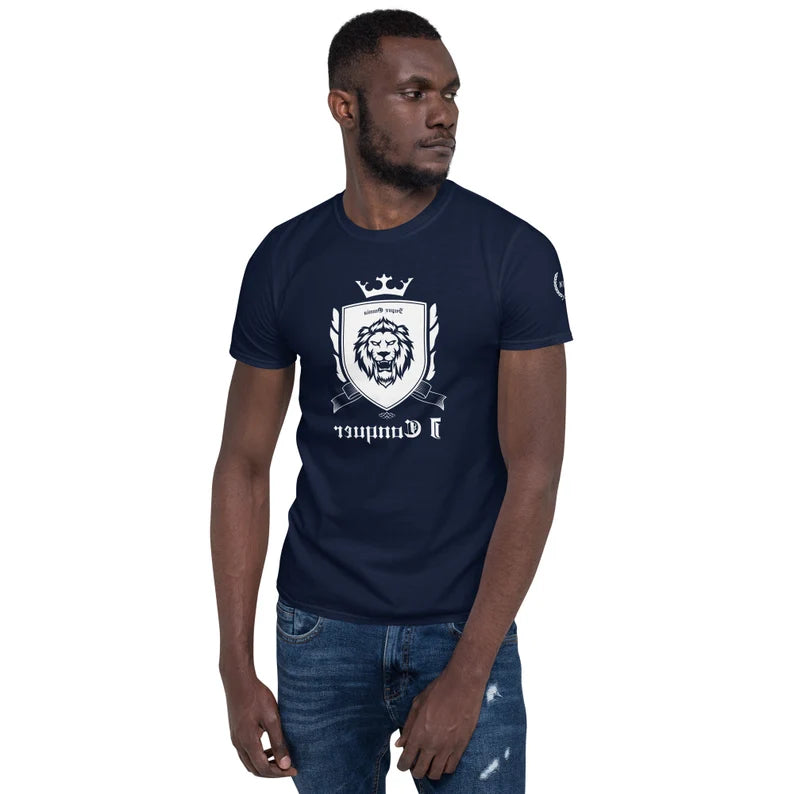 Empower Mirror Tee: 'I Conquer' Reflective Gym Shirt for Men ( White logo - The logo is supposed to be backward!)