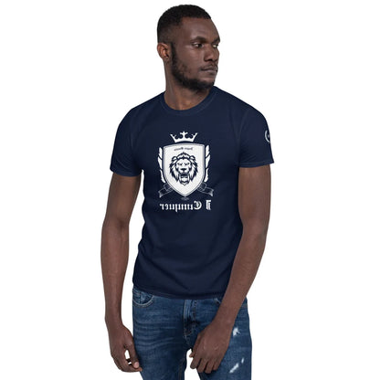 Empower Mirror Tee: 'I Conquer' Reflective Gym Shirt for Men ( White logo - The logo is supposed to be backward!)