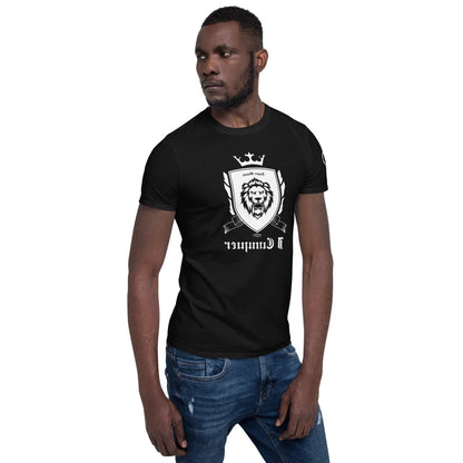 Empower Mirror Tee: 'I Conquer' Reflective Gym Shirt for Men ( White logo - The logo is supposed to be backward!)