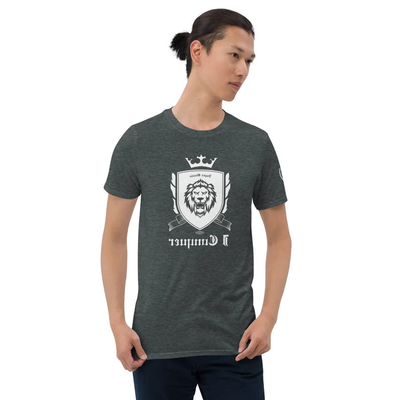 Empower Mirror Tee: 'I Conquer' Reflective Gym Shirt for Men ( White logo - The logo is supposed to be backward!)