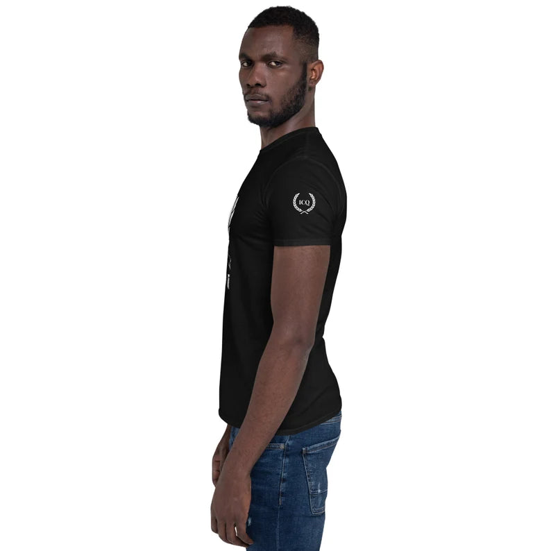 Empower Mirror Tee: 'I Conquer' Reflective Gym Shirt for Men ( White logo - The logo is supposed to be backward!)
