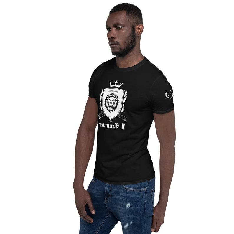 Empower Mirror Tee: 'I Conquer' Reflective Gym Shirt for Men ( White logo - The logo is supposed to be backward!)