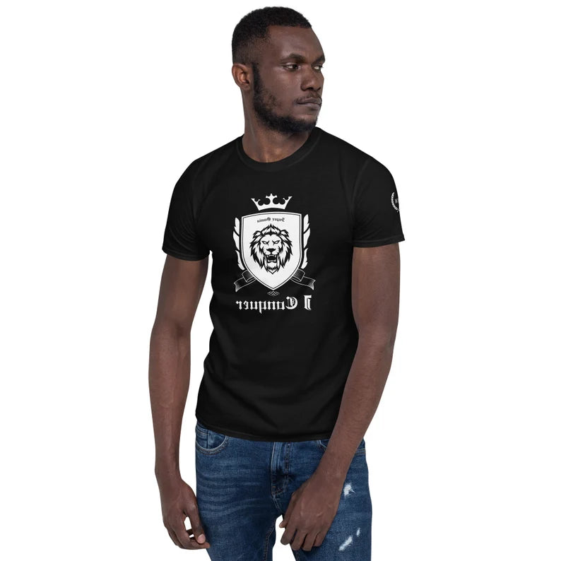 Empower Mirror Tee: 'I Conquer' Reflective Gym Shirt for Men ( White logo - The logo is supposed to be backward!)