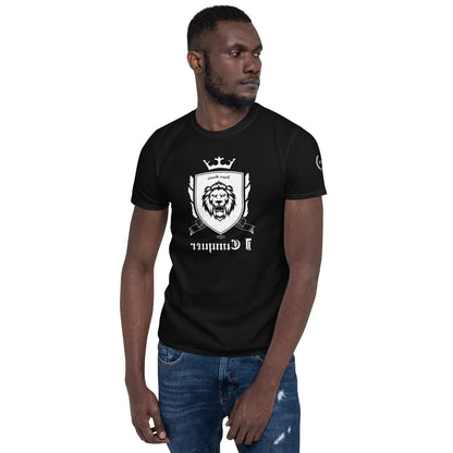 Empower Mirror Tee: 'I Conquer' Reflective Gym Shirt for Men ( White logo - The logo is supposed to be backward!)