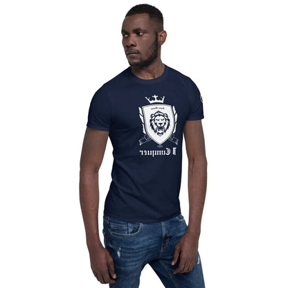 Empower Mirror Tee: 'I Conquer' Reflective Gym Shirt for Men ( White logo - The logo is supposed to be backward!)